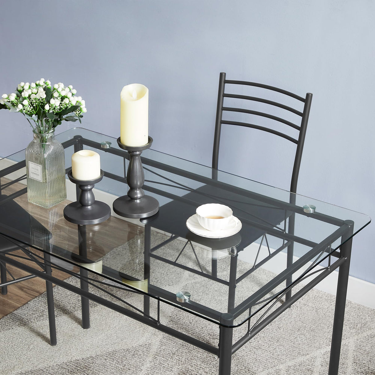 VECELO 5-Piece Kitchen Dining Table Set, Glasses Tabletop & Heavy-Duty Metel Frame, Rectangle Dinette with 4 Chairs for Small Space, Breakfast Nook, Glasses & Black VECELO