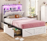 VIAGDO Farmhouse Bed Frame Twin Size with Bookcase Storage Headboard, Charging Station and LED Lights, Wooden Twin Bed Frames with 4 Drawers, Barn Door Design, No Box Spring Needed, No Noise, White VIAGDO