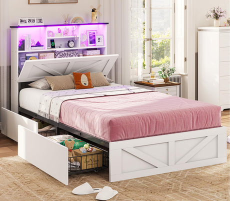 VIAGDO Farmhouse Bed Frame Twin Size with Bookcase Storage Headboard, Charging Station and LED Lights, Wooden Twin Bed Frames with 4 Drawers, Barn Door Design, No Box Spring Needed, No Noise, White VIAGDO