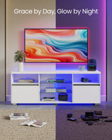 VASAGLE Stand with LED Lights 70 Inch, Entertainment Center with Open Glass Shelves, 2 Cabinets with Doors, 63 Long, TV Console for Bedroom Living Room, White ULTV330T10, 63 x 15.7 x 23.6 Inches VASAGLE