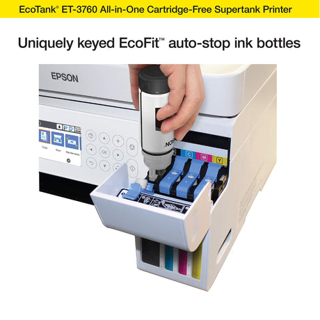 Epson EcoTank ET-3760 Wireless Color All-in-One Cartridge-Free Supertank Printer with Scanner, Copier and Ethernet, Regular Epson