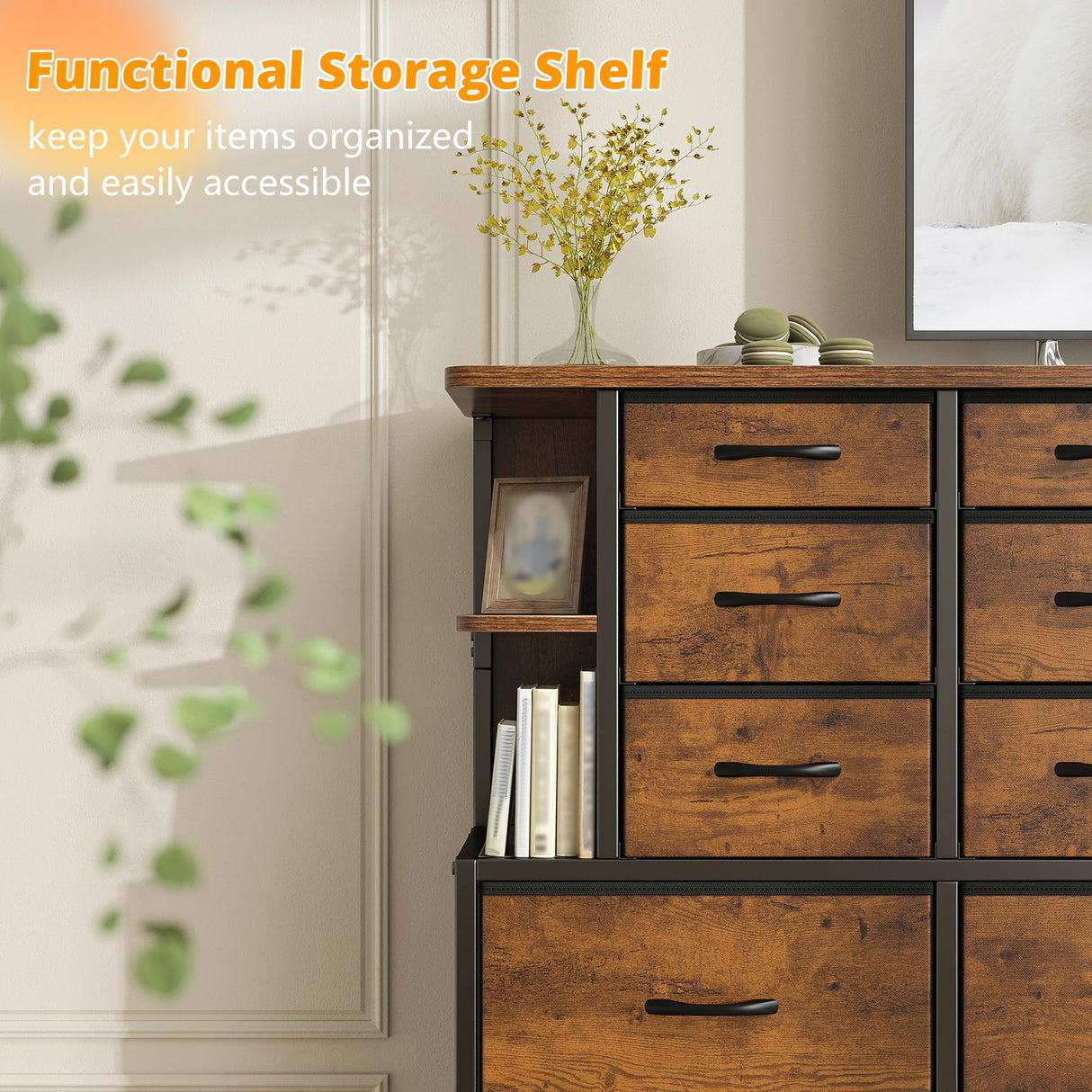 EnHomee Dresser for Bedroom with LED Lights, 12 Drawers Bedroom Dresser, Dresser and Tall Dresser with Open Shelves, Fabric Dressers & Chests of Drawers with Sturdy Metal Frame, Rustic Brown EnHomee