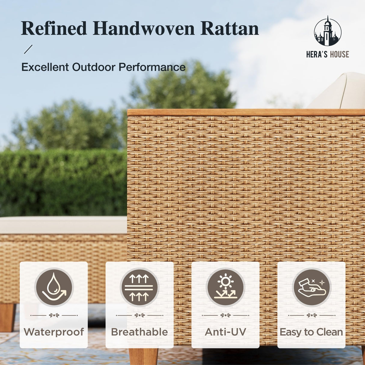 HERA'S HOUSE Small Patio Furniture Set, All Weather 3 Pieces Wicker Outdoor Sectional Set,Yellow Rattan Conversation Set with Lounge Sofa and Coffee Table for Lawn, Garden HERA'S HOUSE