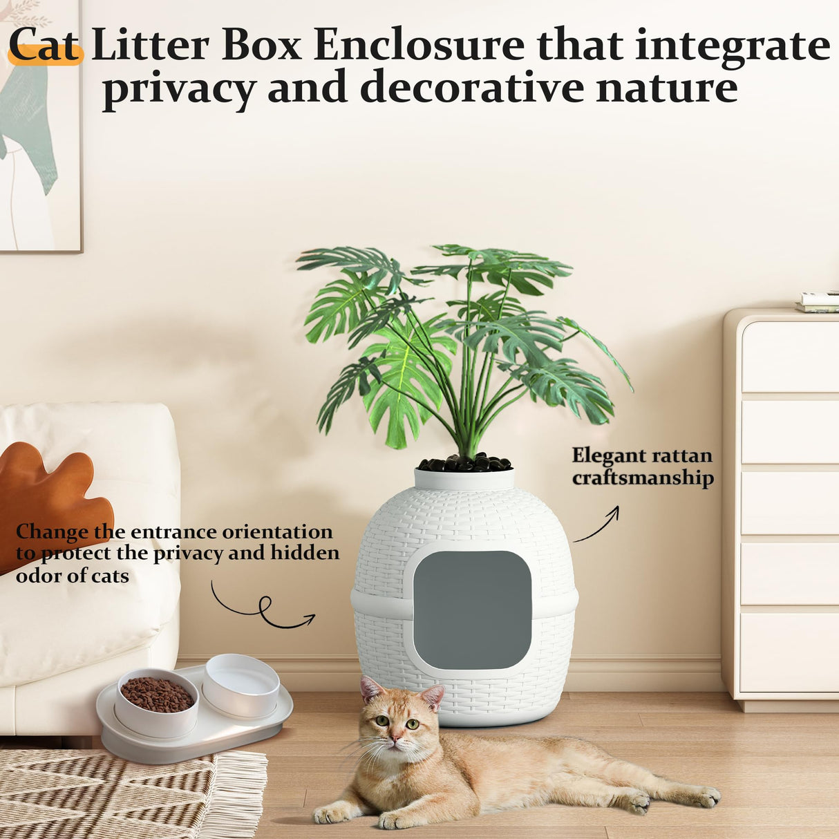 Hidden Box with Faux Plant, Large Cat Litter Box with Rattan Pattern, Heavy Duty PP Material Litter Box Enclosure Furniture for Home Decor, Light Grey keygarzone