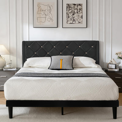 DUMGTIF Queen Size Platform Bed Frame with Velvet Upholstered Headboard and Sturdy Wooden Slats Support,Mattress Foundation，Easy Assembly, No Box Spring Needed,Slip Resistant (Black, Queen)