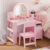 MU Kids Vanity with Lights, Princess Makeup Vanity Desk with Open Bookshelf, Storage Cabinet & Shelves, 2 in 1 Toddler Vanity Table & Chair Set with Lighted Mirror for Little Girls, Pink MU