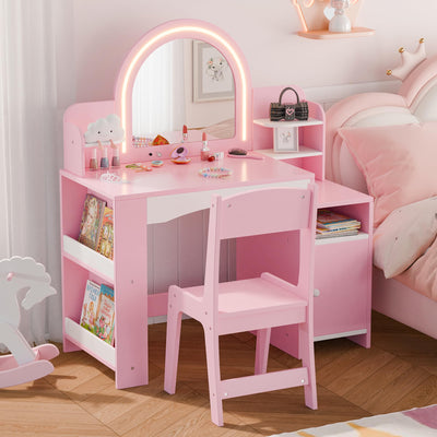 MU Kids Vanity with Lights, Princess Makeup Vanity Desk with Open Bookshelf, Storage Cabinet & Shelves, 2 in 1 Toddler Vanity Table & Chair Set with Lighted Mirror for Little Girls, Pink