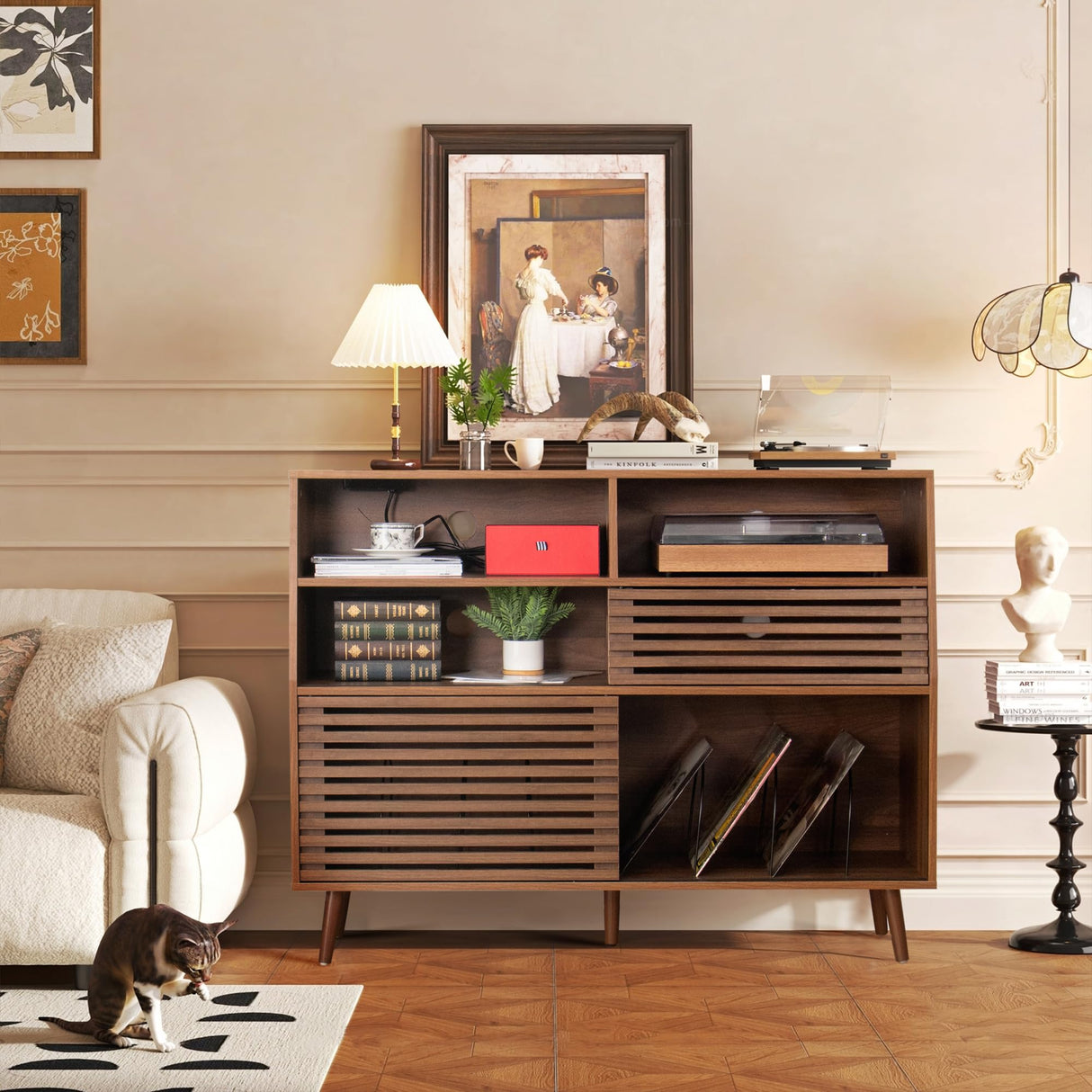 Jluomei Large Record Player Stand, Mid-Century Turntable Stand with Doors and Charging Station Record Player Table Holds Up to 450 Albums Vinyl Storage Display Shelf for Living Room, Walnut Jluomei