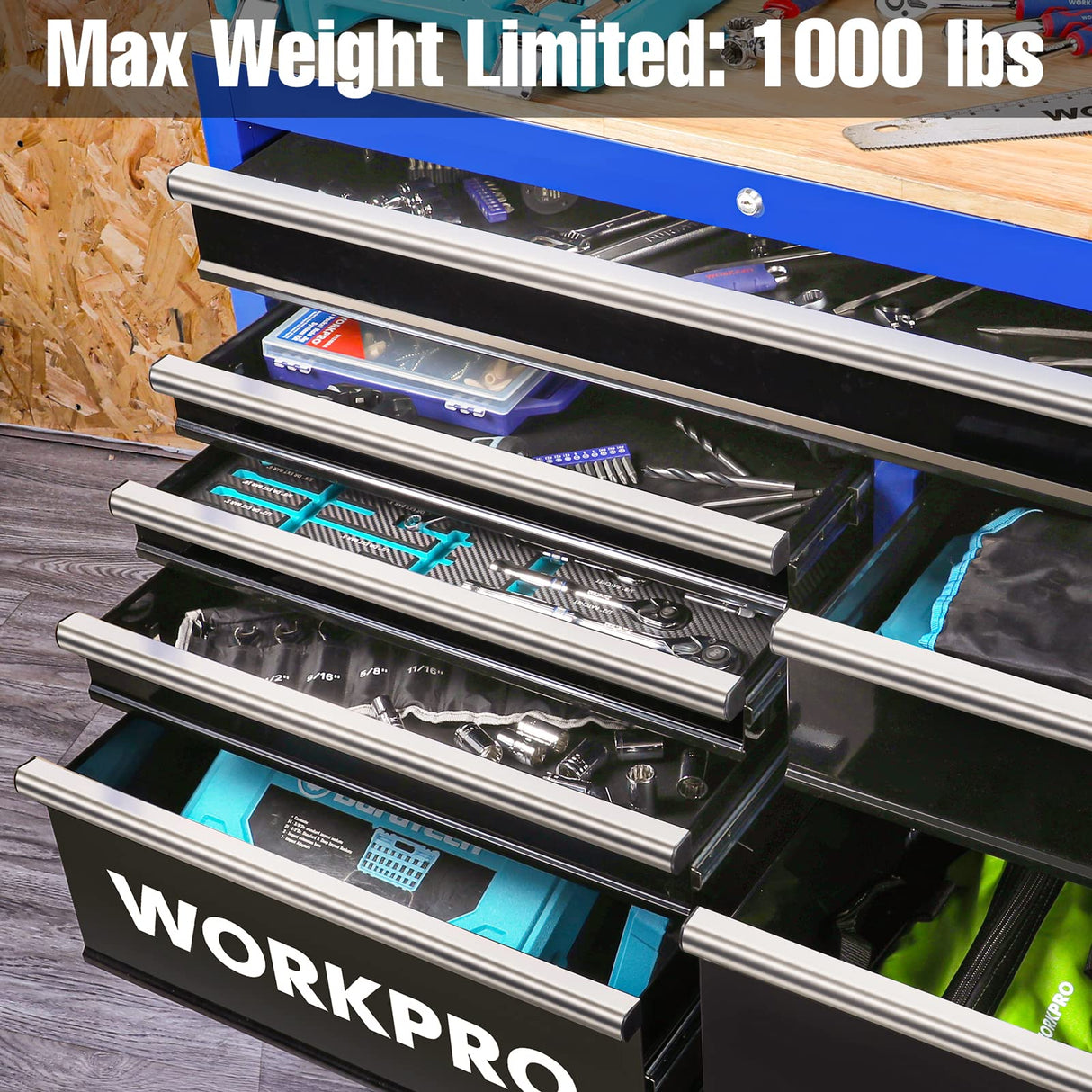 WORKPRO 42-Inch 7-Drawers Rolling Tool Chest, Mobile Tool Storage Cabinet with Wooden Top, Equipped with Casters, Handle, Drawer Liner, and Locking System, 1000 lbs Load Capacity WORKPRO