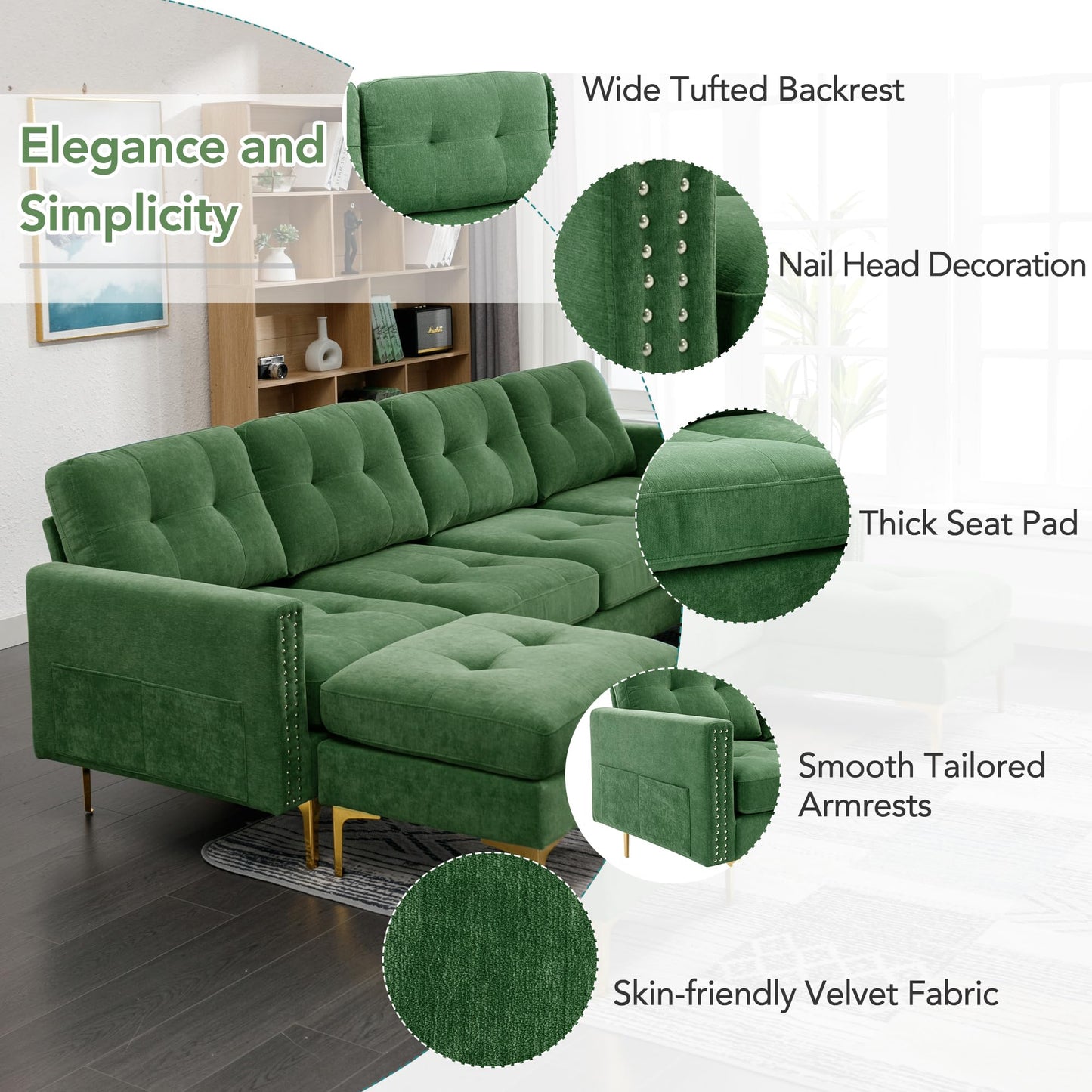 U-Shaped Reversible Modular Sectional Sofa Couch with Movable Ottoman and Chaise Sets, 5 Seater Velvet Upholstered Convertible Sofa Leisure Lounge w/ Nailhead Trim for Living Room Apartment Office