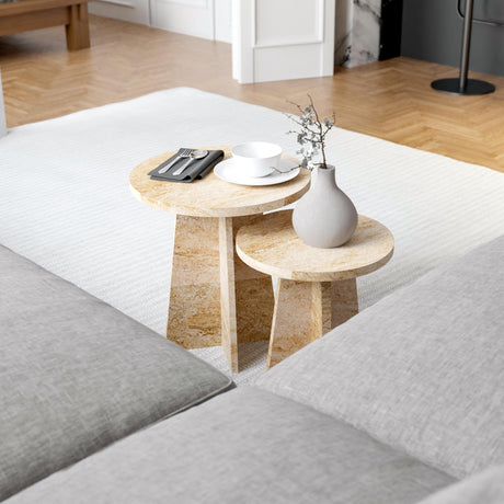 Travertine Efect Round Nesting Coffee Table Set of 2 Modern Coffee Table Small Side Table End Table for Living Room noadre