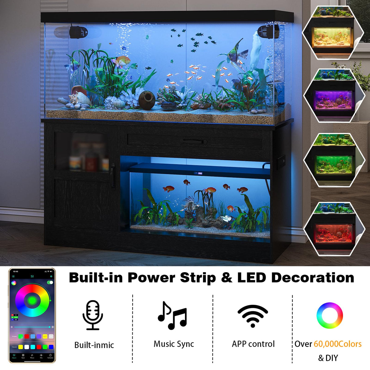 LUMIINOFAMI 55 Gallon Fish Tank Stand, Tank Stand 55-75 Gallon, Aquarium Stand 55 Gallon with Drawer, Reptile Tank Stand with Power Strip and LED Light, Terrarium Stand -1300Lbs LUMIINOFAMI