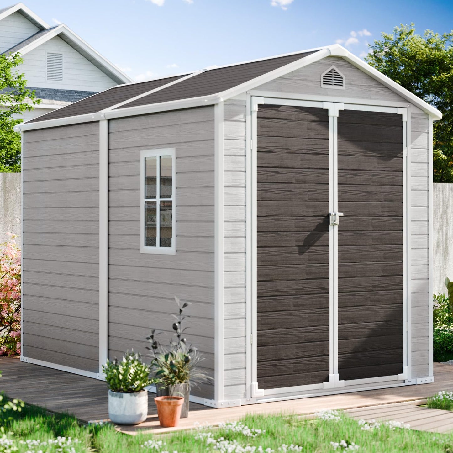 SELLERWE 8x6 FT Outdoor Storage Shed, Waterproof Thicker Resin Shed with Floor & Lockable Door & Window & Vents, Plastic Tool Shed for Backyard, Patio, Poolside, Lawn, All Weather Use, Dove G - WoodArtSupply