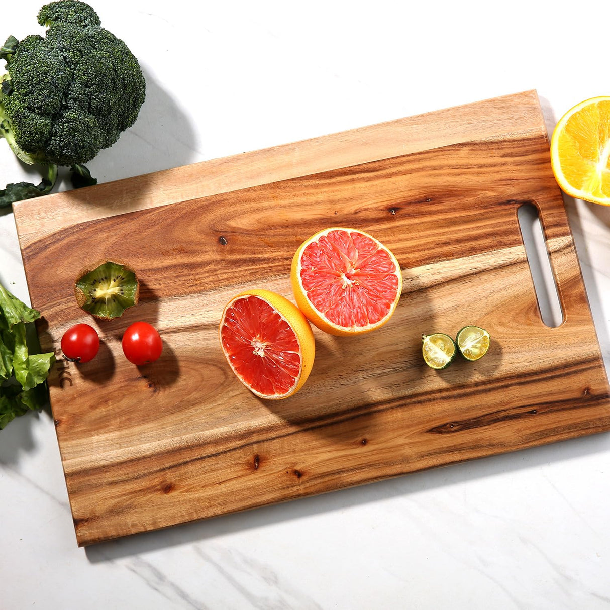 YSTKC Acacia Wood Cutting Board with Hand Grip 15" x 9.7" Inch, Wooden Reversible Chopping Board with Handle for Kitchen Meal Prep Serving, Chopping, YSTKC