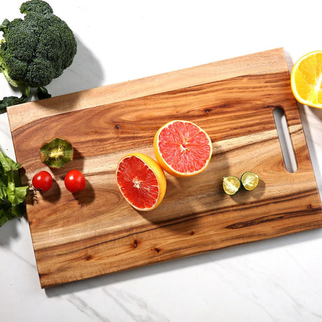 YSTKC Acacia Wood Cutting Board with Hand Grip 15" x 9.7" Inch, Wooden Reversible Chopping Board with Handle for Kitchen Meal Prep Serving, Chopping, YSTKC