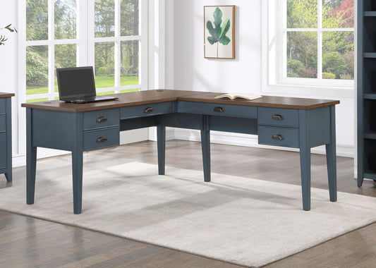 Martin Furniture Farmhouse Wood Half-Pedestal Writing, Open L-Shaped Table, Office Return, Blue Desk - WoodArtSupply