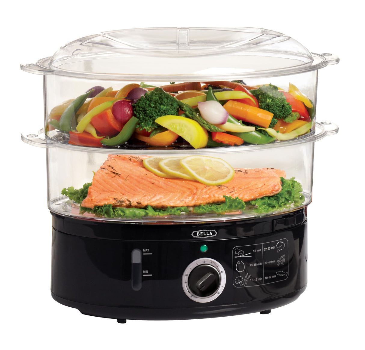 BELLA Two Tier Food Steamer with Dishwasher Safe Lids and Stackable Baskets & Removable Base for Fast Simultaneous Cooking - Auto Shutoff & Boil Dry Protection, Stainless Steel, 7.4 QT, Black BELLA