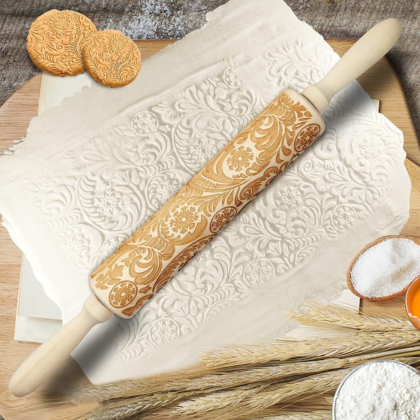 Embossed Wooden Rolling Pin, Embossing Rolling Pin for Baking Fondant, Pizza, Pie, Pastry, Pasta, Dough, Cookies, Suitable Christmas, Father and Mother's Gift