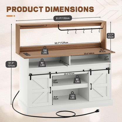 YITAHOME 52" Farmhouse Coffee Bar Cabinet with Storage, Buffet Cabinet with Goblet Holder, 5 Hooks, Power Outlets, Sideboard Cabinet with Sliding Barn Doors for Kitchen & Living Room (White)