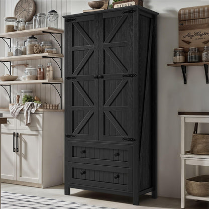 DWVO Farmhouse Kitchen Pantry Cabinet, 64.5" Tall Storage Cabinet with 2 Drawers and Adjustable Shelves, Versatile Storage for Living Room, Dining Room or Hallway, Oak Black - WoodArtSupply