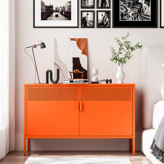 Washsemba 2 Door Metal Accent Cabinet,Orange Metal Storage Cabinet with Adjustable Shelf,2-Tier Office Cabinet,Multipurpose Metal Locker Storage Cabinet for Office Home,Music Studio (Orange) - WoodArtSupply