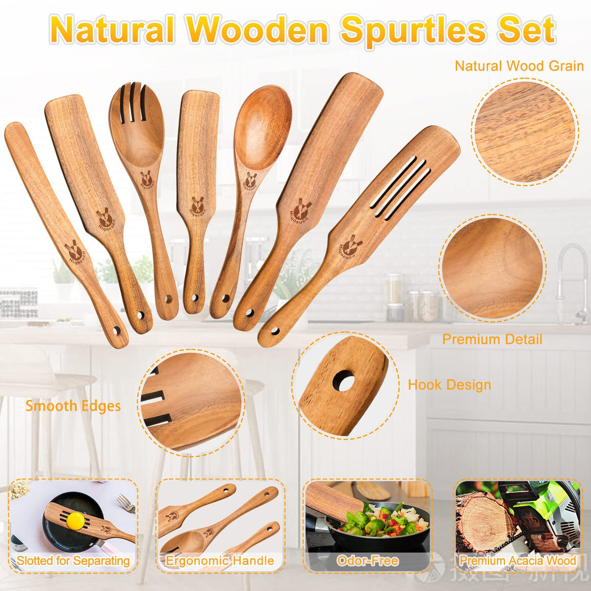 Spurtles Kitchen Tools Wooden, 7Pcs Wooden Spurtle Spatula Set, Natural Premium Acacia Wooden Spoons for Cooking, Heat Resistant Cooking Utensil for Nonstick Cookware, Spurtle for Sourdough Starter ICSTI