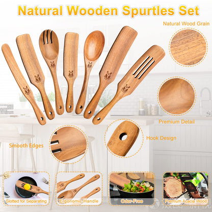 Spurtles Kitchen Tools Wooden, 7Pcs Wooden Spurtle Spatula Set, Natural Premium Acacia Wooden Spoons for Cooking, Heat Resistant Cooking Utensil for Nonstick Cookware, Spurtle for Sourdough Starter