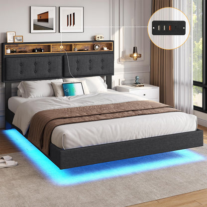 Modern DICTAC Queen Floating Bed Frame with LED Lights and Storage Headboard - WoodArtSupply