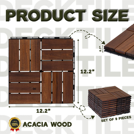VICTORY RELAX Acacia Wood Flooring Interlocking Deck Tiles for Patio Decor 9 Pcs 12 Slats VR Brown - Waterproof Indoor & Outdoor Decor - Balcony Garden Decking Tile (12.2 * 12.2 * 0.7 inches) VICTORY RELAX