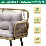 YITAHOME Patio Wicker L-Shaped Furniture Set, All-Weather Rattan Outdoor Conversation Sofa Set for Backyard Deck with Soft Cushions,Ottomans and Wood-Like Dining Table, Light Brown+Gray YITAHOME