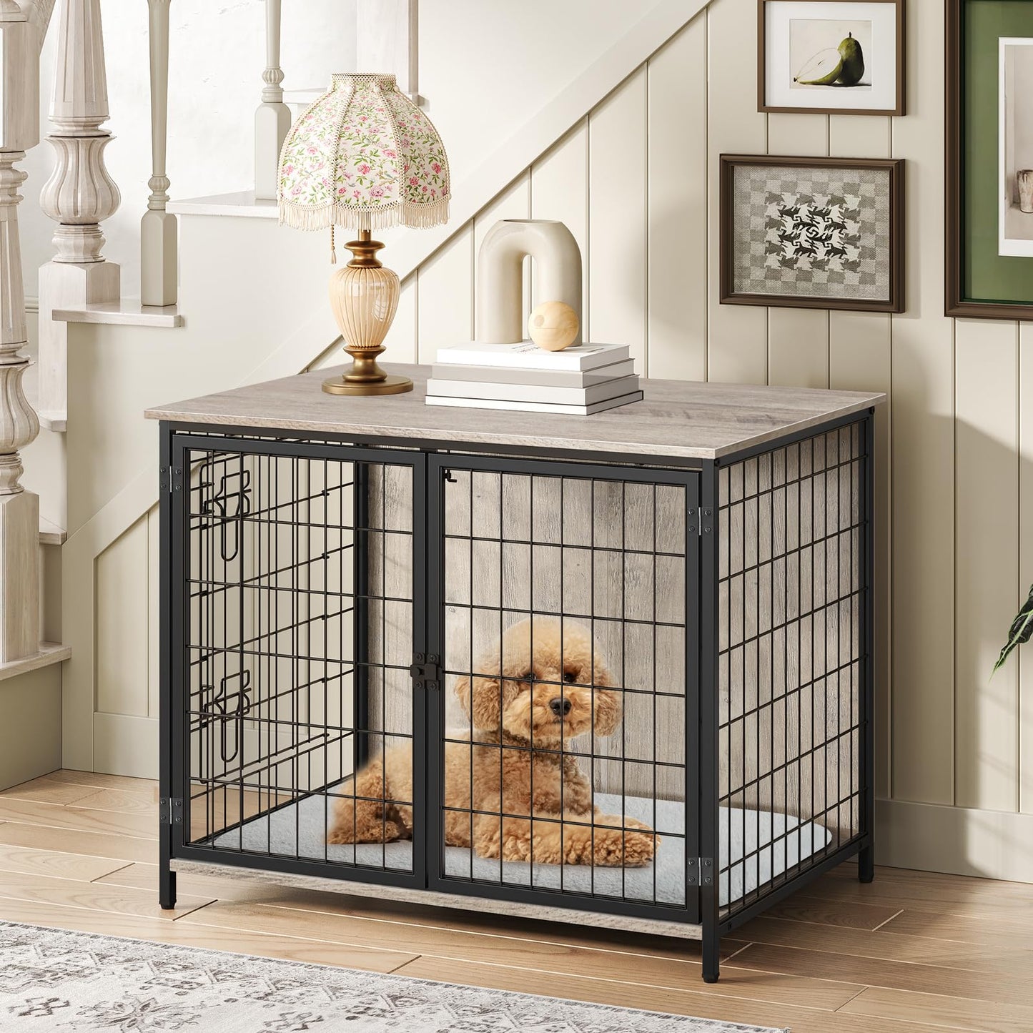 MAHANCRIS Dog Crate Furniture with Cushion, Wooden Dog Kennel with Double Doors, Heavy Duty Dog Cage for Small/Medium/Large Dogs, Indoor Dog House End Table, 31.5" L, Greige DCHG0701 - WoodArtSupply