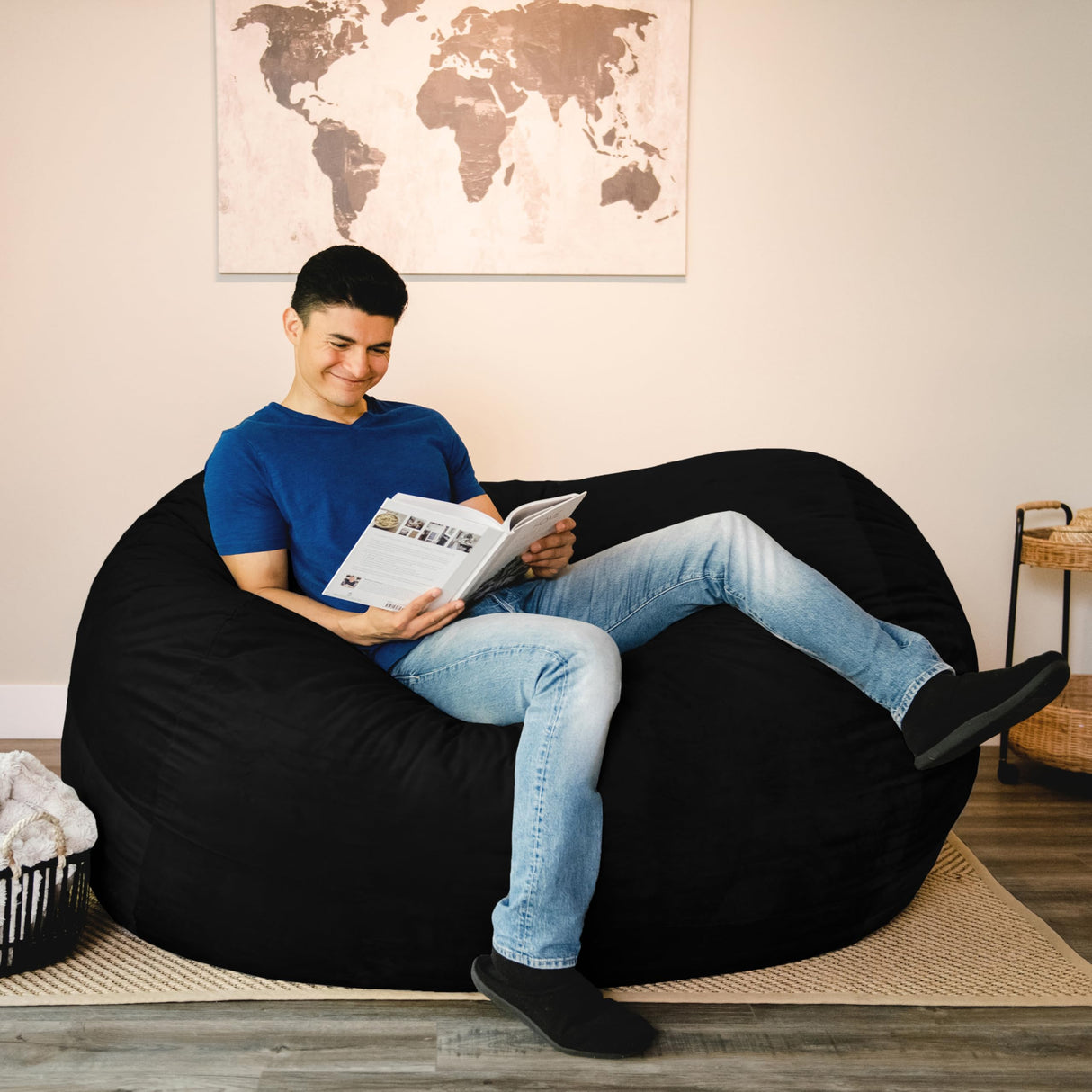 Big Joe Fuf XL Foam Filled Bean Bag Chair with Removable Cover, Black Plush, Soft Polyester, 5 feet Giant Big Joe