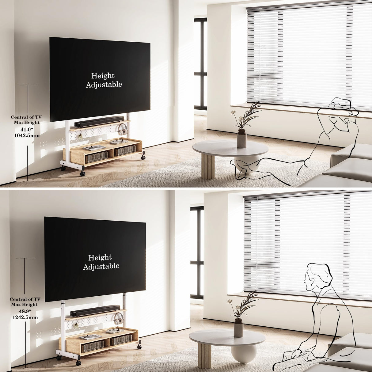 FITUEYES Rolling Floor TV Stand Mount for 70-100 Inch Large LCD/LED TVs TV Cart Heavy Duty Hold Up to 176 lbs Mobile Corner Stand with Mount for LCD/LED Flat Curved Screens with Wooden Large Storage FITUEYES