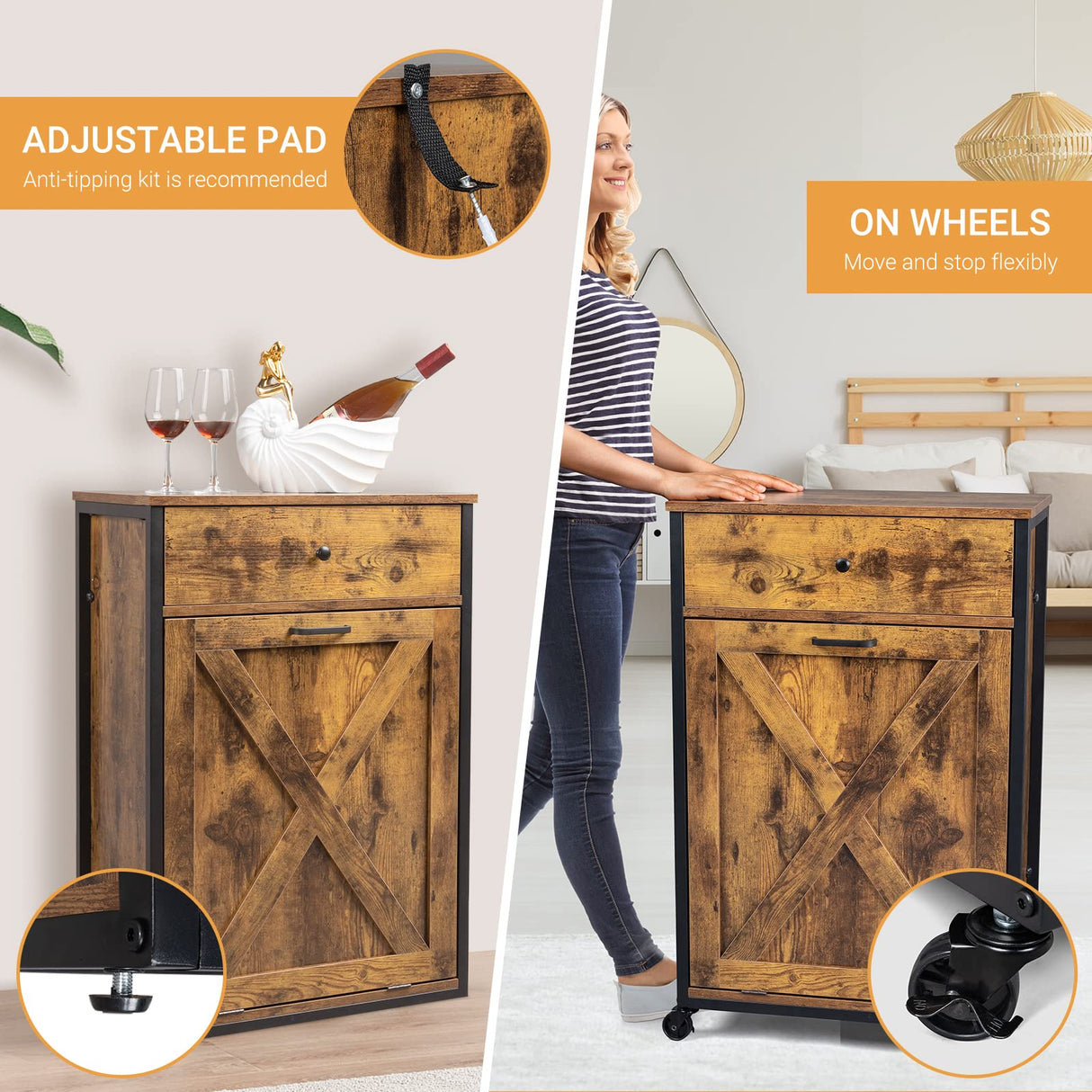 VINGLI Wood Tilt Out Trash Cabinet with Drawer, 10 Gallon Rustic Brown Trash Can Cabinet Tilt Out Barn Door Hidden Trash Can Kitchen Cabinet for Dinning Room, Living Room, Freestanding or Rolling VINGLI