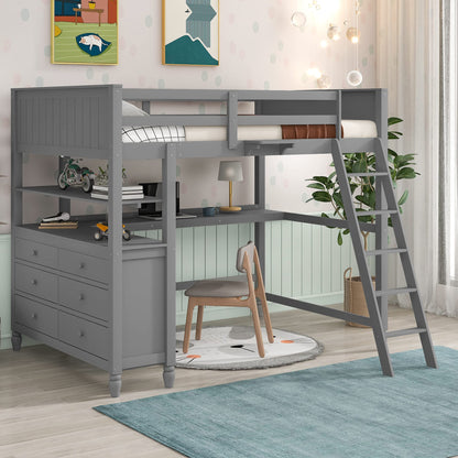 Harper & Bright Designs Grey Full Size Loft Bed with Desk, Storage Drawers, and Shelves for Kids and Teens