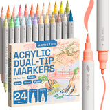 ARTISTRO 24 Acrylic Paint Pens, Art Set Acrylic Paint Markers Dual Tip (Brush + Fine 1mm), Acrylic Markers for Fabric, Canvas, Rock, Glass, Wood, Paper, DIY, Paint Markers for Kids and Adults, Pastel ARTISTRO