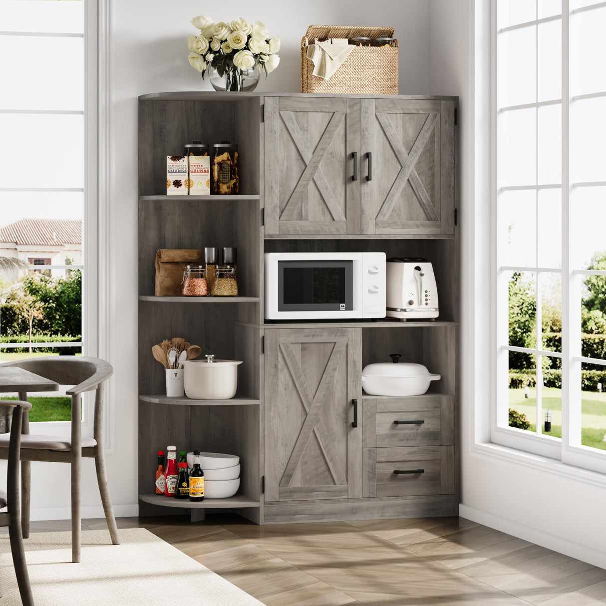 HOSTACK 60.4" Farmhouse Kitchen Pantry Storage Cabinet, Freestanding Hutch with Doors & Shelves, Buffet Sideboard with Microwave Stand, Coffee Bar with Drawers, Cupboard for Dining Room, Ash Grey HOSTACK