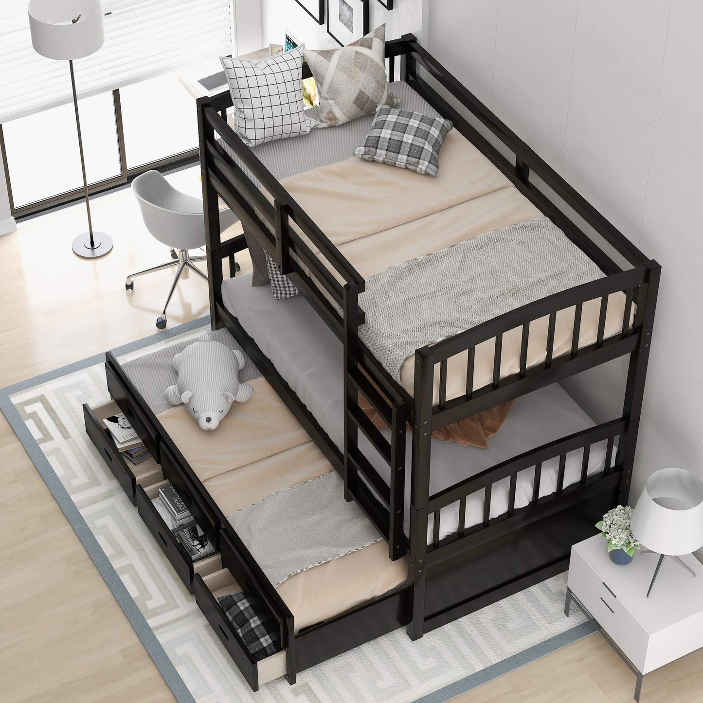 Harper & Bright Designs Twin Over Twin Bunk Bed with Ladder and Storage Drawers, Wood Bunk Bed with Safety Rail and Trundle for Kids Teens Adults, No Box Spring Required (Espresso)