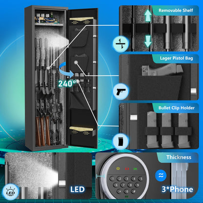 3-5 Digital Large Rifle Safe for Rifle and Pistols,Long Gun Safe for Rifle and Shotguns with Multifunctional Panel and Upgraded Pistol Pouches,Gun cabinet with LED&Alarm and Mute Mode