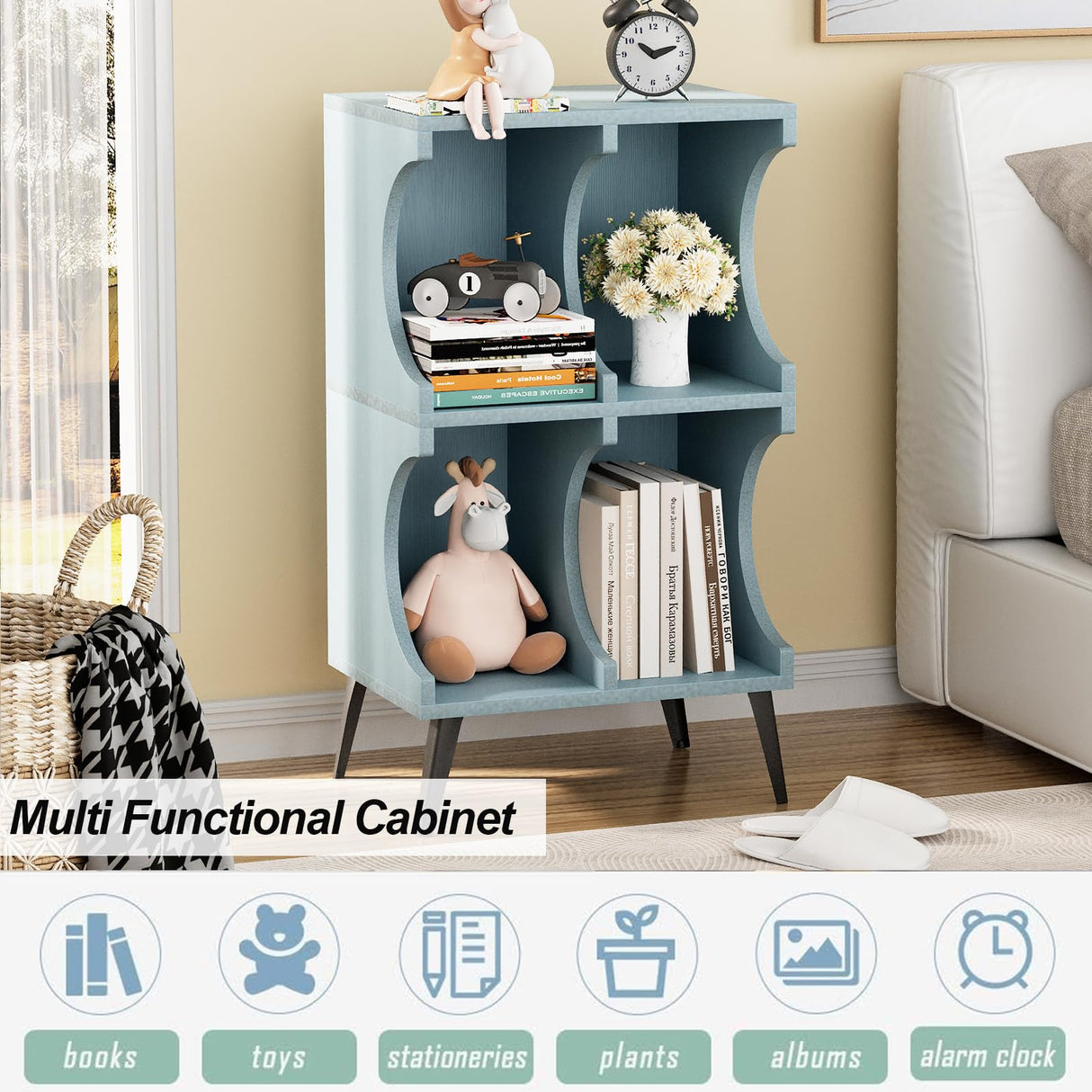 Aenuert Blue 4-Cube Modern Bookshelf - Stylish Open Storage Display Cabinet for Home and Office Aenuert