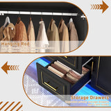 Hlivelood 75” Tall 3 Doors Armoire Wardrobe Closet with 2 Drawers and LED Lights, Modern Closet Wardrobe Cabinet with Shelves and Hanging Rod, Freestanding Wooden Armoire for Bedroom, Black Hlivelood