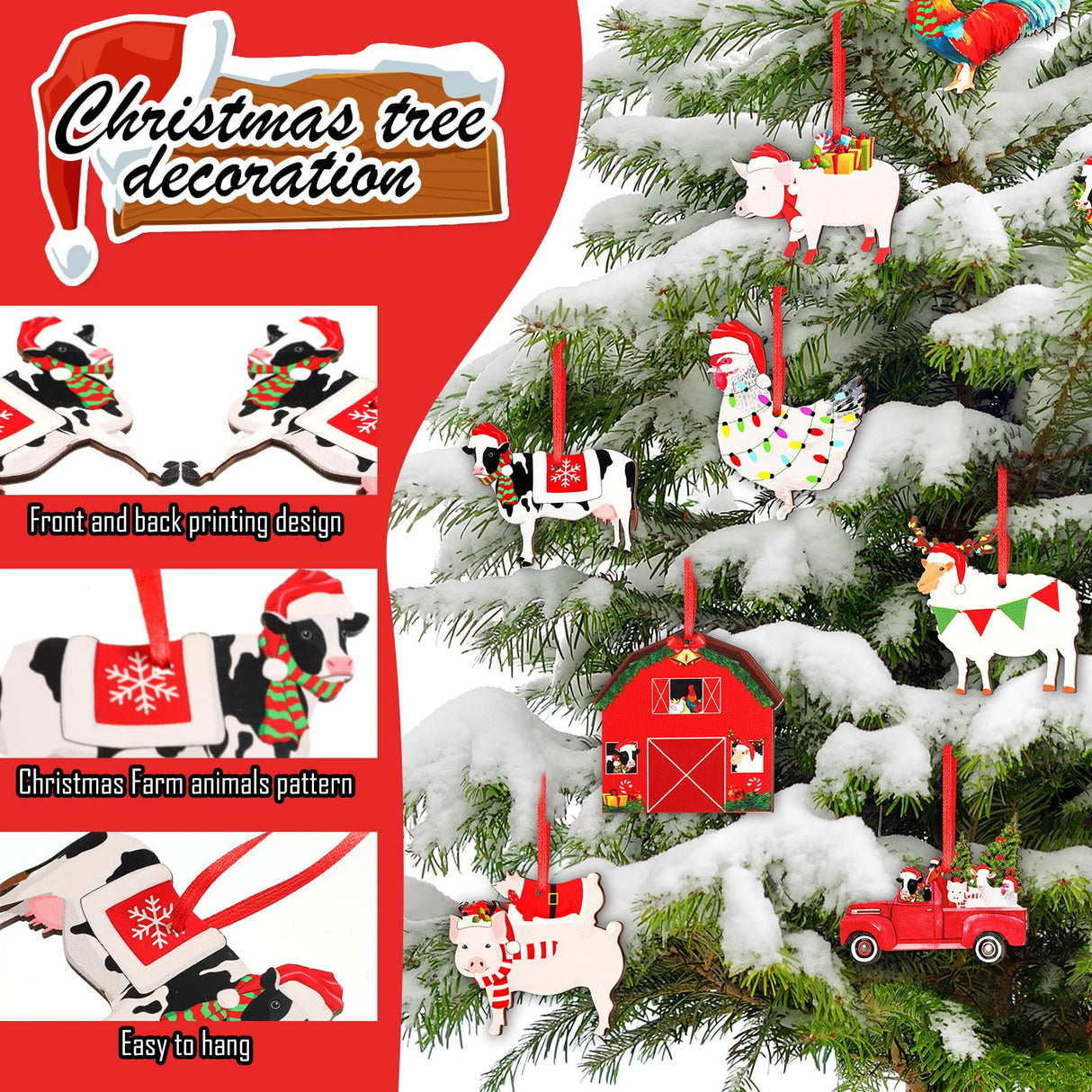 24 Pcs Wooden Farm Animal Christmas Ornaments Wooden Christmas Farmhouse Rustic Ornaments Hanging Red Truck Christmas Tree Decorations Cow Pig Rustic Christmas Decor Ornaments for Xmas Trees Crafts Gerrii
