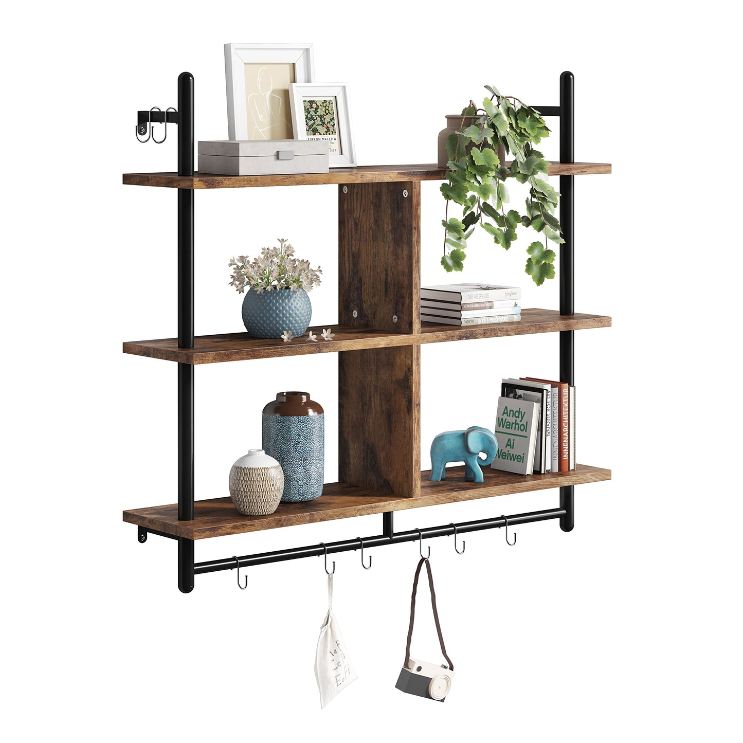 Bestier 3-Tier Rustic Brown Floating Pipe Shelving Unit for Kitchen and Living Room - WoodArtSupply