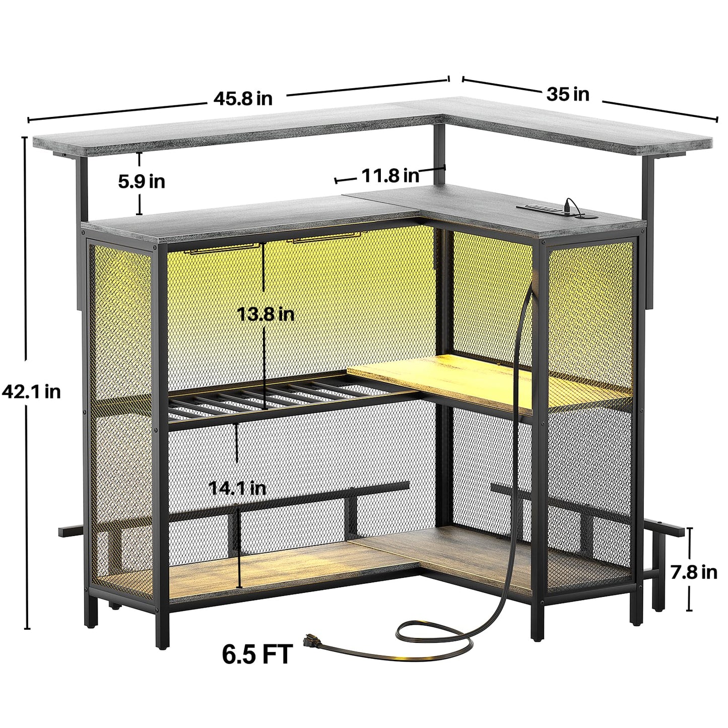 Hyomdeck L Shaped Home Bar with Power Outlet & LED Light, Corner Bar Cabinet with Footrest, Liquor Cabinet with Wine Glass Rack, Coffee Bar Table with Storage for Home Kitchen, Dining Room, L - WoodArtSupply