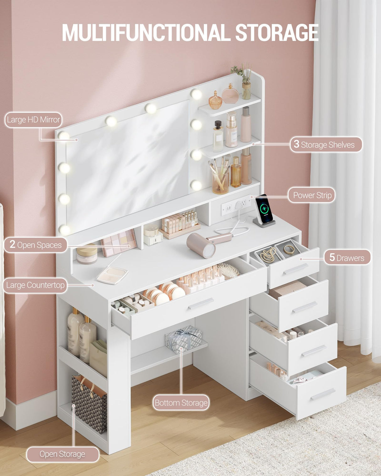 HILINSIE Vanity Desk with Large HD Mirror, Makeup Vanity with Led Lights, Dressing Table with Power Strip, 6 Storage Shelves, 5 Drawers and Side Open Storage, Simple, White HILINSIE