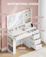HILINSIE Vanity Desk with Large HD Mirror, Makeup Vanity with Led Lights, Dressing Table with Power Strip, 6 Storage Shelves, 5 Drawers and Side Open Storage, Simple, White HILINSIE