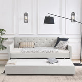 SLEERWAY Daybed with Trundle, Linen Upholstered Tufted Twin Size Day Bed Pull-Point Sofa Daybed Frame with Twin Roll-Out Trundle, No Box Spring Needed, Furniture for Bedroom, Living Room, Beige SLEERWAY