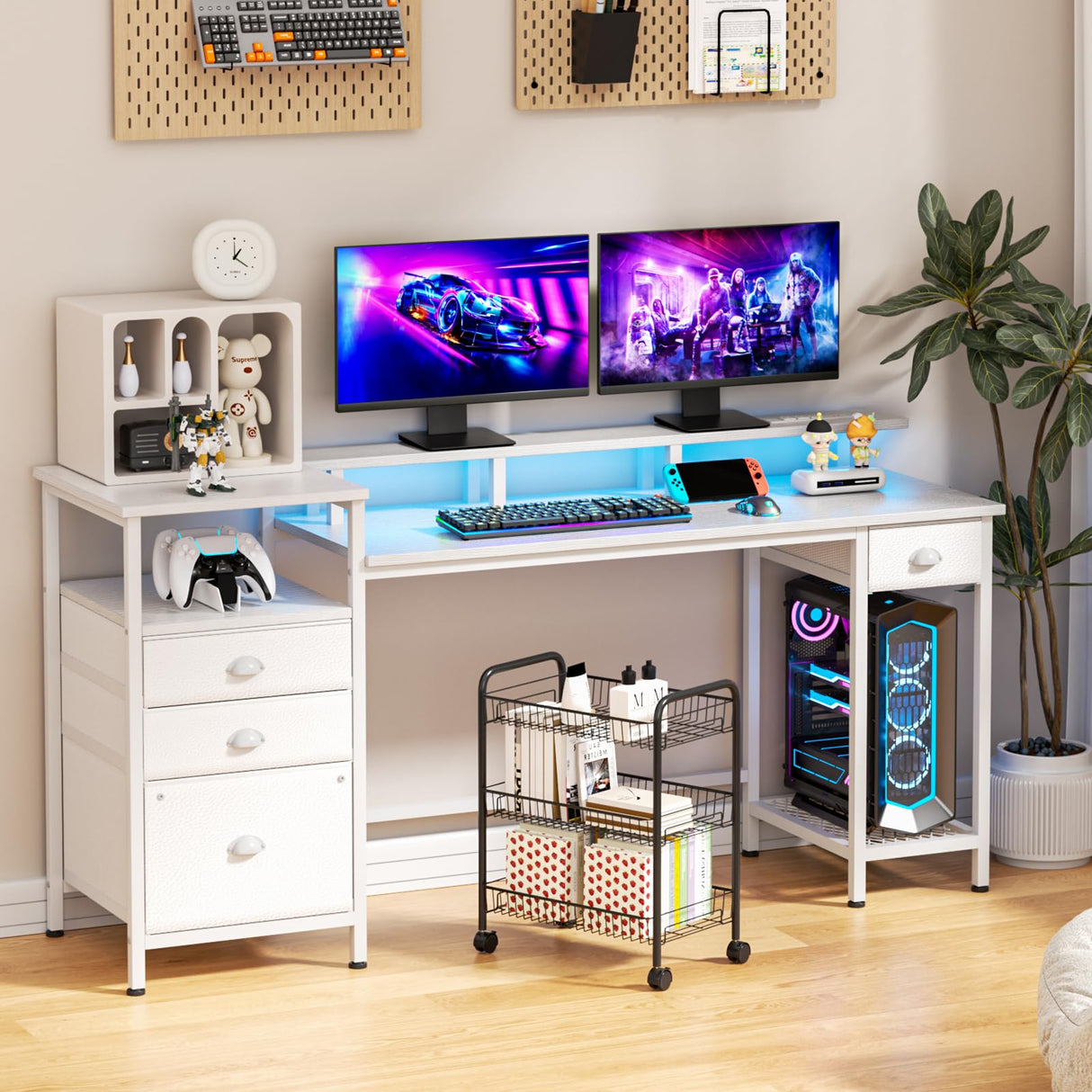 Furologee White Computer Desk with 4 Drawers, 60" Long Office Desk with Fabric File Cabinet and Power Outlets, Gaming Desk with LED Lights, Study Writing Work Desk with Shelf for Home Office Furologee
