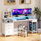 Furologee White Computer Desk with 4 Drawers, 60" Long Office Desk with Fabric File Cabinet and Power Outlets, Gaming Desk with LED Lights, Study Writing Work Desk with Shelf for Home Office Furologee