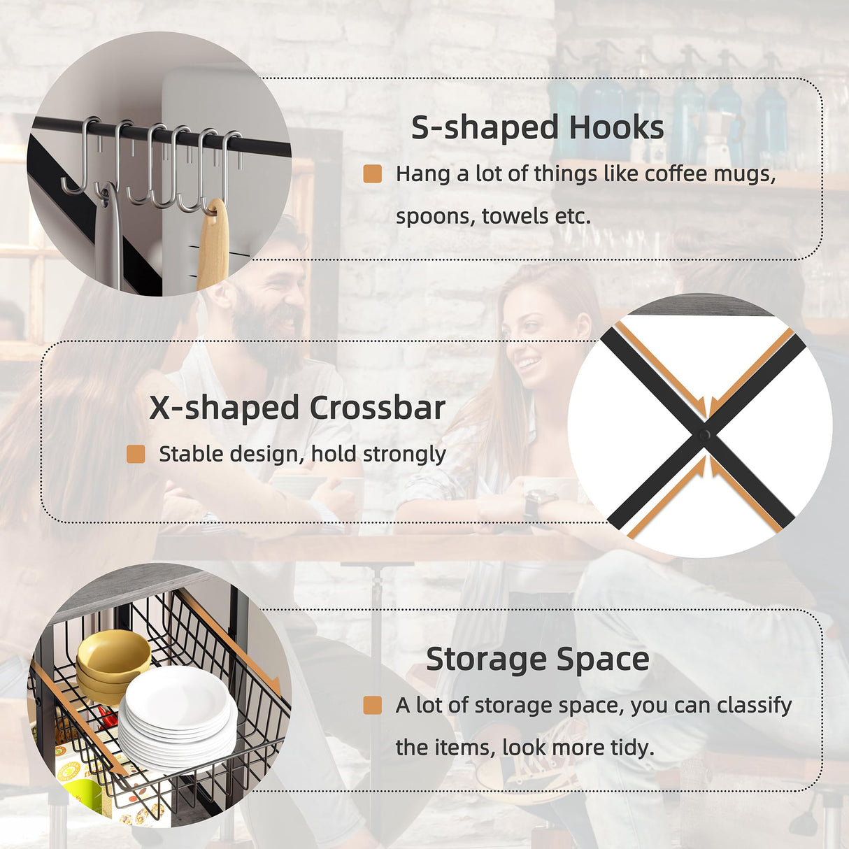 Shintenchi Kitchen Bakers Rack with Power Outlet, Multifunctional Organizer & Storage with 6 Hooks, Microwave Oven Stand, and Coffee Station Shelf, Grey Shintenchi